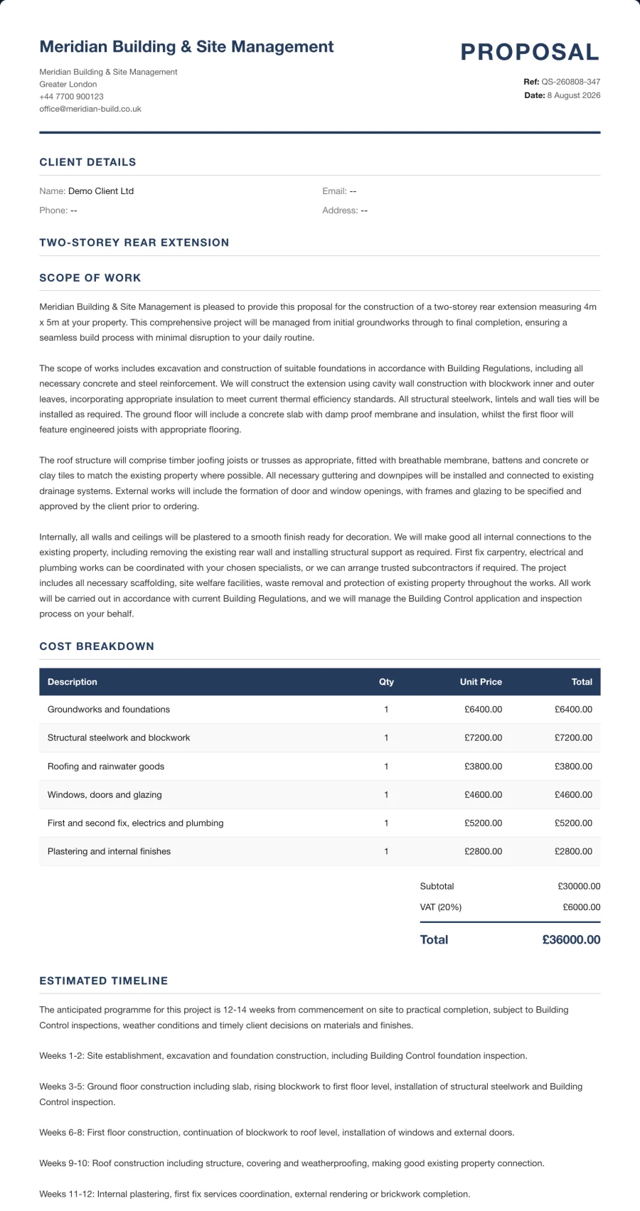 A real branded QuoteSmith proposal for a two-storey rear extension with a full costed breakdown totalling £36,000